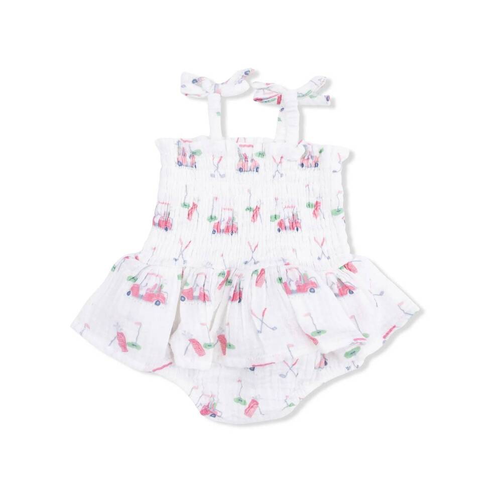 NEW ANGEL DEAR baby girls golf carts muslin smocked bubble with skirt in pink